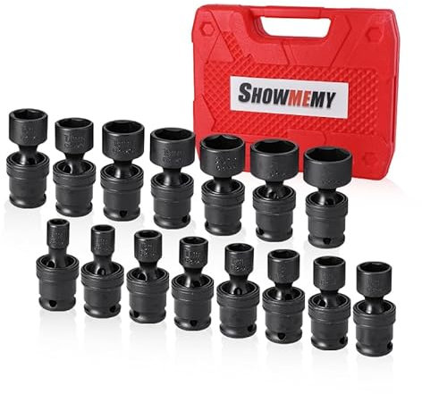 SHOWMEMY Universalgelenk-Steckschlüssel-Set, 15 Stück, 0,95 cm (3/8 Zoll), 6 Punkte, flacher Drehgelenk, metrisch, 10–24 mm, Cr-Mo Stahl, robuster Aufbewahrungskoffer