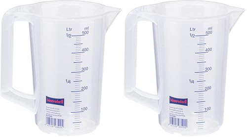 hünersdorff Messbecher 0,5l | Polypropylen (PP) | bruchsicher und spülmaschinengeeignet | geschlossener Griff | blaue Skala, Transparent+blau (Packung mit 2)