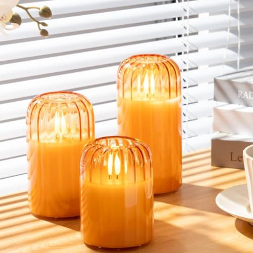 luzzup Orange Flameless Candles, Battery Candles Glass Candles with Remote, Timer, Warm Light, Lasting 350 Hrs, Set of 3 Outdoor Candle for Romantic Home Room Patio Decor, Φ 3 H 4 5 6
