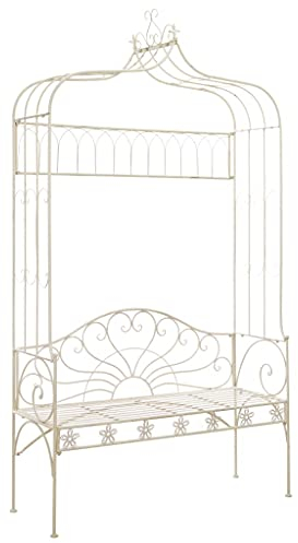Makastle Gartenbank mit Pergola, Laubenbank Eisen Antik Sitzbank Rankhilfe Rosenbogen Parkbank Gartenmöbel, 122 x 43 x 220 cm Weiß