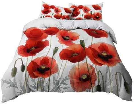 Bettbezug Blume Roter Mohn Bettwäsche Set 155x220 cm, Weiß Bettwäsche-Set Mädchen Junge Kinder Deluxe Mikrofaser Weiche Bettbezug mit Reißverschluss und Kissenbezüge