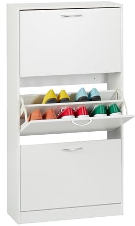 Relaxdays Schuhschrank, HxBxT: 116 x 60 x 24 cm, für 18 Paar, 3 Klappen, schmaler Schuhkipper, Flur Schuhkommode, weiß