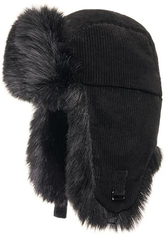 Futrzane Trappermütze aus Cord - Ushanka Damen - Winter Mütze mit Ohrenklappen (M, Schwarz - Schwarz Siberian)