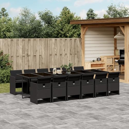 Homgoday 13-TLG. Garten-Essgruppe mit Kissen Gartenmöbel Set Gartenstuhl mit Tisch Balkonmöbel Sitzgruppe Essgruppe für 12 Personen für Garten, Terrasse, Balkon Schwarz Poly Rattan