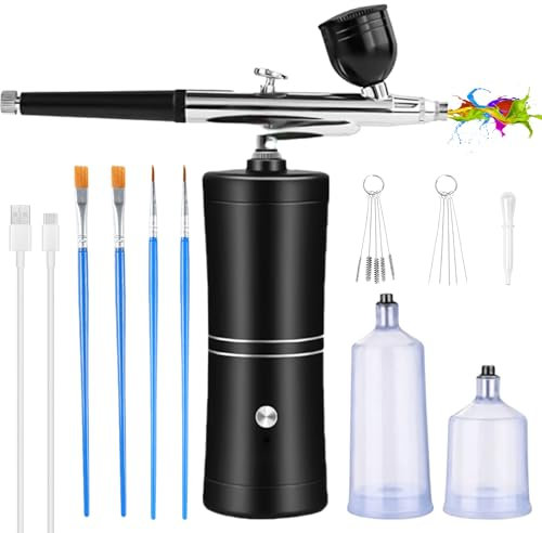 Kit de aerógrafo portátil, pistola de mano recargable con cepillo, mini aerógrafo con compresor para diseño de uñas, decoración de pasteles, maquillaje, modelado de tatuajes, color negro