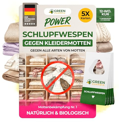 GREEN GUARDIA Schlupfwespen gegen Kleidermotten - 5 Karten à 4 Lieferungen - Effektiv Motten bekämpfen/Bio- und Umweltfreundliche Alternative zu Mottenfalle, Mottenspray, Pheromfalle