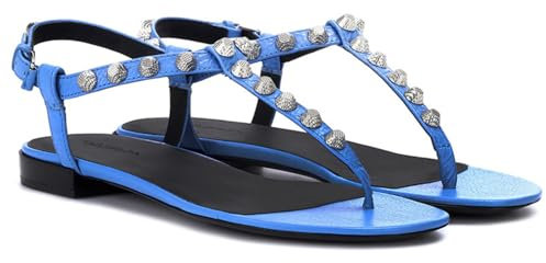 FamMe Sandalen mit Nieten für Damen, Flache Sandalen mit offener Spitze, Zehentrenner, T-Riemen, Sommer-Flip-Flops, Metallnieten, Flache Schuhe für den Strandurlaub,Blau,45