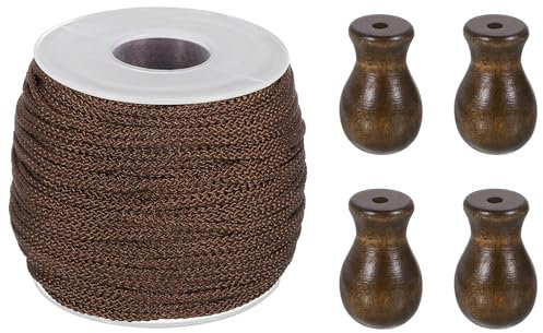 sourcing map Braided Lift Shade Cord, 1.8 mm 55 Yards/Roll Nylon Cord String with 4Pcs Wood Blind Pull Cord Knobs for Roman Blind Shade Rollers Repair Curtain Craft DIY (Brown)