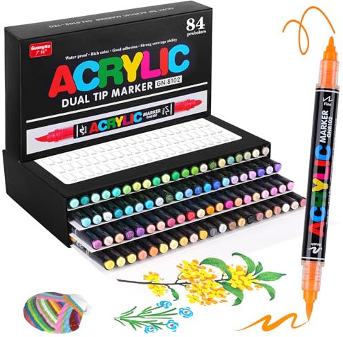 84 Couleurs Marqueur Peinture Acrylique Double Pointe, Feutre Acrylique pour Coloriage Adulte & Mystère, Stylo Peinture avec Pointe Pinceau (0.5-4.5mm) et Pointe Fine (1mm) – Feutre pour Verre, Bois