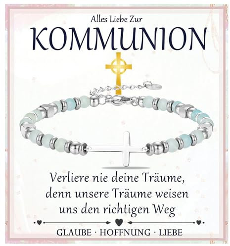 FAOMZQ Kreuz Armband zur Kommunion für Mädchen - Geschenk für Tochter, Nichte, Enkelin, Schwester, Patentochter, Patenkind, Grün