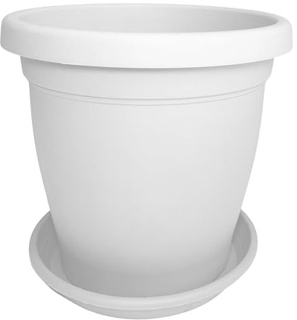 Sicignano | Vaso Verona Rotondo con Sottovaso, Plastica Riciclabile, Fori di Drenaggio, Moderno Classico, Interni Esterni, per Piante Fiori Orto Giardino (Bianco, 35 cm)