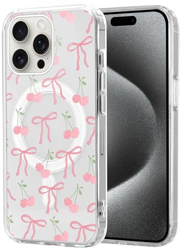 Phoona Magnetic Bow Case for iPhone 15 Pro Max 6,7, Compatible with Magsafe Cute Girls Preppy Design, Clear Cherry Aesthetic Pattern Women Protective Cover for iPhone 15 Pro Max, Pink
