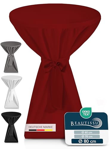 Beautissu Premium Stehtischhusse Blickdicht Bordeaux Ø 80-85 cm – rutschfest Bügelfrei & 40°C Waschbar Stehtischüberzug mit Schleifenband – Husse für Stehtisch Bistrotisch Bartisch Gastronomie