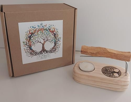 YA-DECOREGALOS Support en bois pour Palo Santo, attaches et encens, motif arbre de vie, avec photophores, tiges métalliques et palo santo