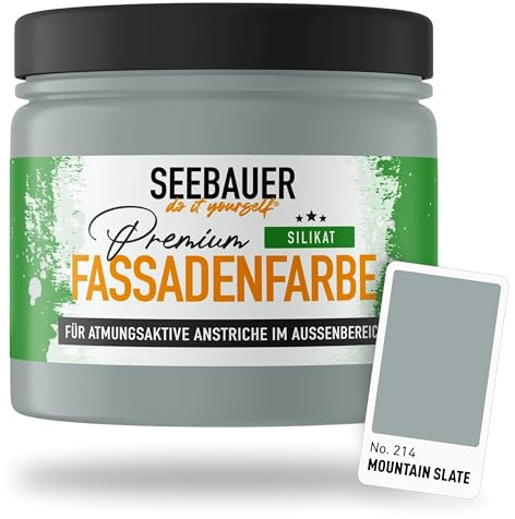 SEEBAUER diy Silikat-Fassadenfarbe Grau 300ML für Außen (No. 214 Mountain Slate) Atmungsaktive Mineralfarbe für Fassaden - Geeignet für Putz, Mauerwerk und Beton