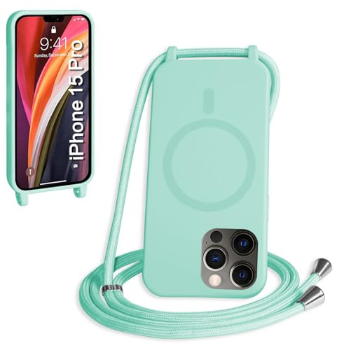 FMPCUON Magnética Funda con Cuerda para iPhone 15 Pro Compatible con Magsafe,TPU Antigolpes Protectora Silicona Case Carcasa con Ajustable Cordon Colgante Cadena,Verde Menta