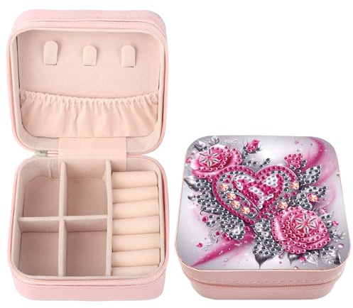 SHEGZHUC Diamond Painting Schmuckkästchen Herz und Rosen Rosa Basteln nach Zahlen Daiments Painting Schmuckkasten für Ringe Ohrringe Halsketten Armbänder Schmuckschatulle für Damen Reise Box