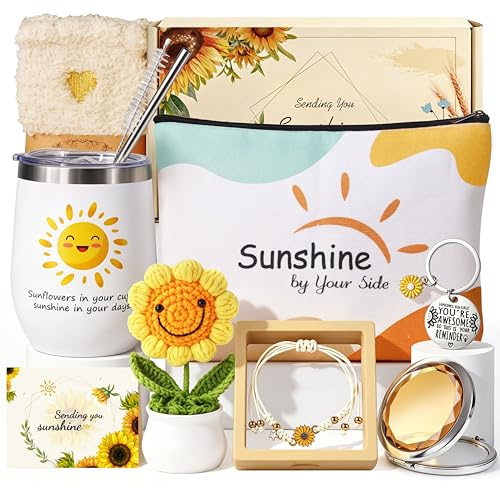 RYLIFEOGI Geschenke für Frauen, Geburtstagsgeschenk-Set inklusive Becher | Armband, Kosmetiktasche, Geburtstagsgeschenke für Frauen, Ehefrau, Mutter, Sonnenblumen-Geschenkbox-Set für Sie