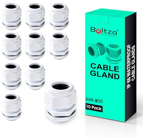 Boltza White Nylon Cable Gland, IP68, M30, 10 Pack | Waterproof Cable Connector, Electrical Enclosures, Junction Boxes, Outdoor Use, Conduit Gland