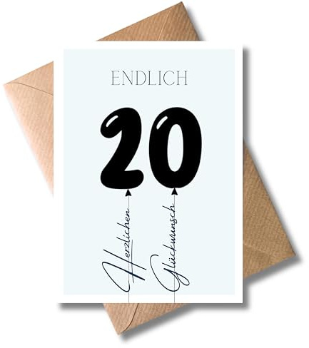 WBdesignz 20. Geburtstag Karte mit Umschlag - Herzlichen Glückwunsch zum 20. Lebensjahr! mit „ENDLICH 20“ in Ballon-Schrift - für Teenager & junge Erwachsene - stilvolle Geburtstagskarte (DIN A6)