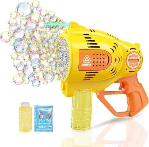 Gelb Seifenblasenpistole für Kinder, Automatische Seifenblasenmaschine | 57-Löcher 1 Seifenblasen Nachfüll-Lösung,Seifenblasen Pistole für Hochzeit Party Sommer Outdoor-Aktivität Geburtstagsgeschenk