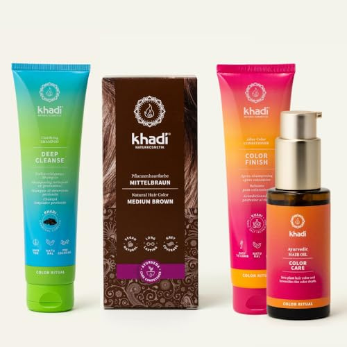 khadi ColorCycle CASTANO MEDIO Kit completo - Tinte vegetal para el cabello + DEEP CLEANSE Champú clarificante ayurvédico + COLOR FINISH Acondicionador para después del tinte + Aceite capilar COLOR CA