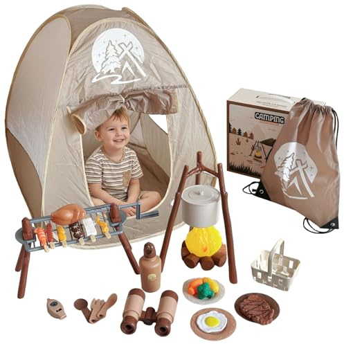 Ensemble de Camping pour Enfants, 34 pièces, Jouets de Camping avec Tente, Gril Rotatif et feu Camp pour Un Jeu imaginatif, Ensemble pour Enfants 3 à 5 Ans, Jouets d'aventure en intérieur et