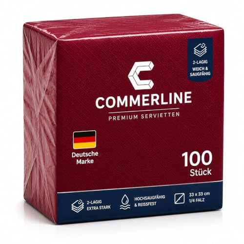 Commerline Servietten Bordeaux, 100 Stück, Papierservietten, Napkins | 33 × 33 cm, 2-lagig, 1/4 Falz, Einwegservietten, weich, saugstark, für Gastronomie, Catering, Kantine, Party, Events