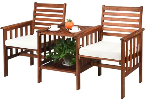 COSTWAY 2-Seater Garden Loveseat, Wooden Bench Seat with 2 Tier Coffee Table and Umbrella Hole, Outdoor Twin Patio Chairs Conversation Furniture Set (Natural+White, 165 x 65 x 88cm, with Cushions)