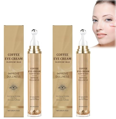 2 Stück Koffein-Augenserum mit 360° Massage-Roller, Feuchtigkeitsspendende Koffein-Augencreme – Pflege Haut für ein glatteres Aussehen, für ein frischeres & erholtes Aussehen der Augenpartie