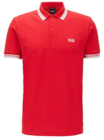 BOSS Mens Paddy Cotton-piqué Polo Shirt with Striped Collar and Cuffs Red