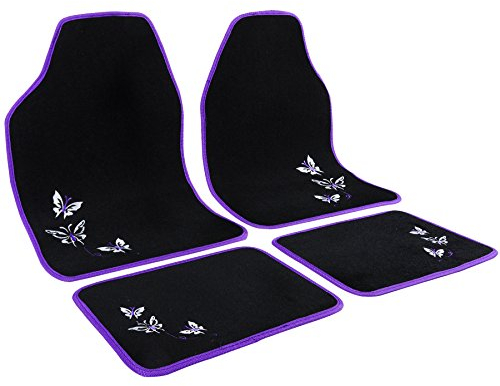 WOLTU Universal Auto Fußmatten Teppich Stickerei Butterfly Lila/Schwarz
