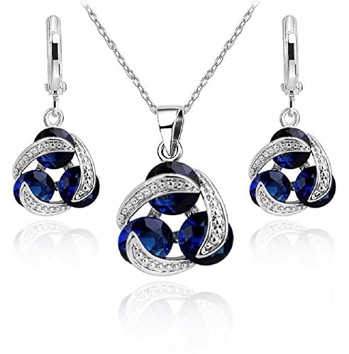 Crystalline Azuria Rund Blauer simulierter Saphir Zirkonia Kristalle Schmuck-Set Halskette Anhänger 45 cm Ohrringe 18 kt Weiß Vergoldet