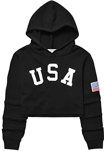 Crop-Top für Kinder, Mädchen, Leder, kariert, langärmelig, Hoddie Cropped-Pullover, USA-Flagge, Schwarz, 12-13 Years