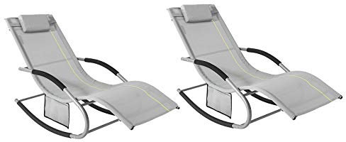 Set de 2 Tumbonas de Jardín Reclinables – Sillas Ergonómicas de Exterior con Almohada y Bolsillos Laterales, Tejido Transpirable, 150 kg, para Playa, Terraza, Camping y Piscina OGS28-HGx2