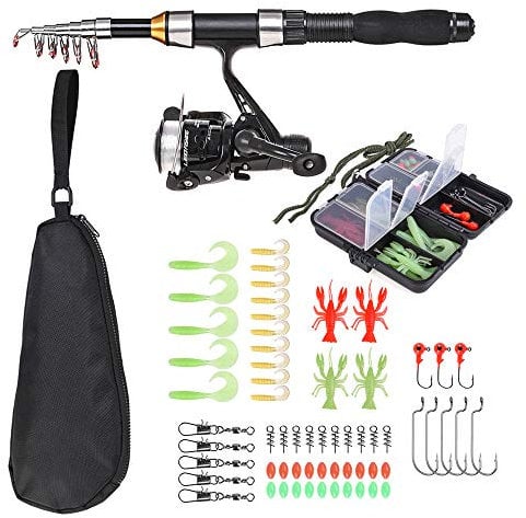 Lixada Juego completo de carrete de pesca y barra, 1,5 m, carrete telescópico, juego de carrete de pesca con gancho, bolsa de almacenamiento (negro, 1,5 m)