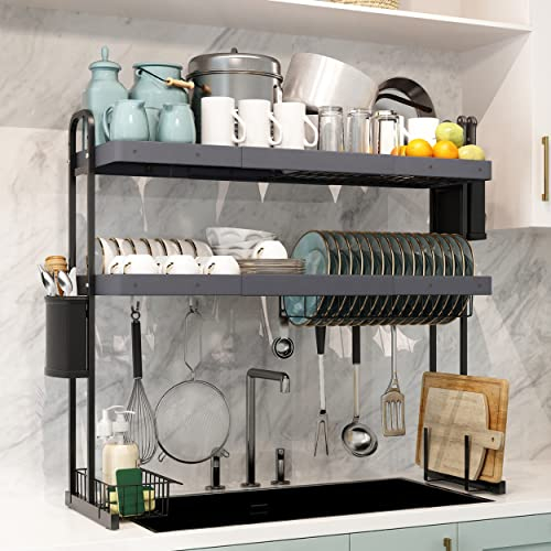 MAJALiS Over The Sink Dish Rack, Stainless Steel 2 Tier Large Capacity Above Sink Drying Rack Adjustable (27.5 - 34.6), Expandable Over Sink Shelf with Utensils Holder and 6 Hooks