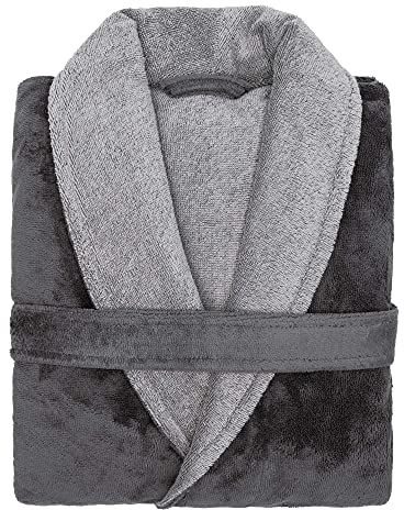 LOOKS BY WOLFGANG JOOP Bademantel L, Bademantel Unisex Frottee, Morgenmantel grau mit Schalkragen, hochwertige Baumwollmischung