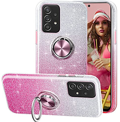 IBEX Kompatibel mit Samsung Galaxy A52 Hülle, 3in1 Glitter Diamond Silikon Cover Handyhülle, 360° drehbarer Ring für magnetische Autohalterungen, passend für Samsung Galaxy A52 Hülle Pink