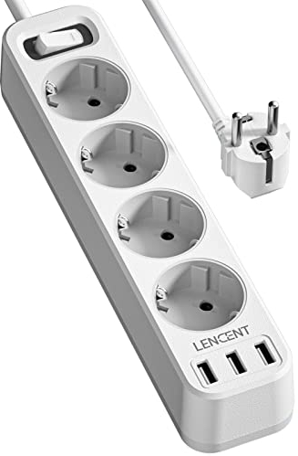 LENCENT 4 Fach Steckdosenleiste Mehrfachstecidose 4000W mit 3 USB-Anschlüsse 12W, USB Steckerleiste für Zuhause, Büro, Mehrfachstecker USB Steckdose mit Schalter und 1,5M Kabel, Weiß