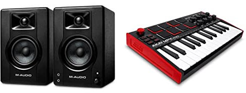 M-Audio BX4 - Enceinte de Bureau/de Monitoring Active 120 W & AKAI Professional MPK Mini MK3 – Clavier Maître USB MIDI 25 Touches avec 8 Pads Rétroéclairés, 8 Potentiomètres