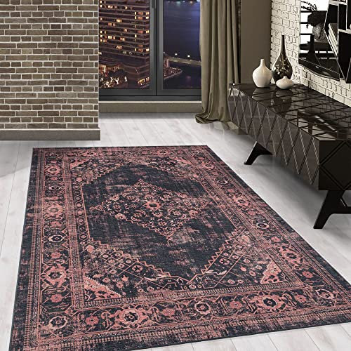 Waschbarer Teppich, Didigitaldruck Orientteppiche, Rechteckig, Rot - Schwarz Farbe, Flachgewebe, Fußbodenheizung geeignet, Größe:80 x 250 cm