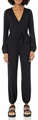 Amazon Essentials Women's Knit Surplice Jumpsuit (Available in Plus Size), Black, S