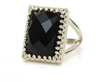 Anemone Schmuck Rechteck Schwarzer Onyx Ring - Vintage Inspirierte Silberringe - Artisan Schwarze Ringe für Frauen - Einzigartiger Mode-Statement-Schmuck