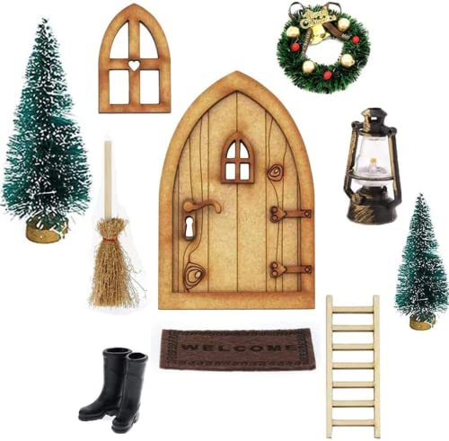 FANXIYA Wichteltür Weihnachten Set aus Hölz Nissedor Set Miniatur Wichtel Tür Weihnachten mit Zubehör Weihnachtswichtel Tür Set