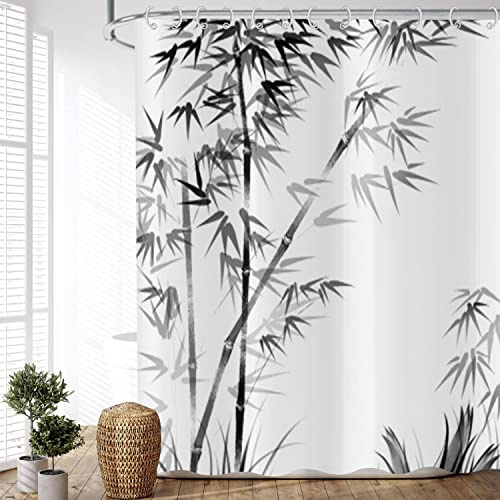 ASDCXZ Duschvorhang Bambus 180x180 cm, Elegant Einfach Schwarz Bambusblätter Waschbare Bad Duschvorhänge Polyester Textil wasserdichte Outdoor Duschvorhang für Badewanne mit 12 Duschvorhang Haken