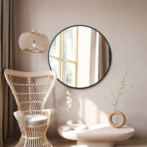MirrorOutlet The Fenestra - Black edged Modern Round Circular Wall Mirror 35 X 35 (90CM X 90CM) Silver Mirror Glass with Black Metal Frame