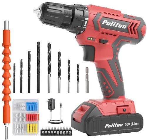 PULITUO 20V Electric Power Drill with Battery And Charger, 30N.m Torque, 21+1 Speeds, 59pcs Drill Driver Bits Kit, Screws Set, Red