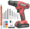 PULITUO 20V Electric Power Drill with Battery And Charger, 30N.m Torque, 21+1 Speeds, 59pcs Drill Driver Bits Kit, Screws Set, Red