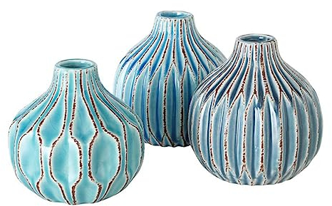 ReWu Vase im 3er Set im Shabby Chic Look aus Keramik Blumenvase Tischdekoration für Blumen und Trockenblumen Dekoratives Design - Blau